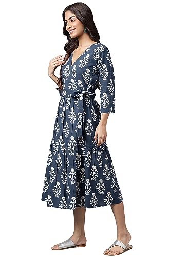 Image of Janasya Women's Cotton Floral Printed Wrap Dress