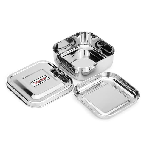 Image of Expresso Steel Tiffin Box for Office | Stainless Steel Lunch Box, 300 ML with Inner Plate | Traditional Design Glossy Finish Steel Box in Silver