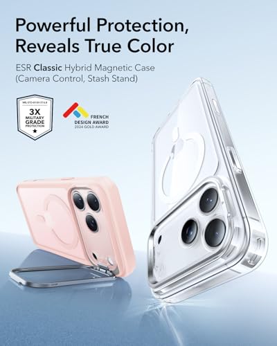 Image of ESR for iPhone 17 Pro Max Case with Stash Stand, Camera Control Cover Compatible with MagSafe, Military-Grade Drop Protection Magnetic Phone Case, Scratch-Resistant Back Cover,Frosted Bubblegum Pink