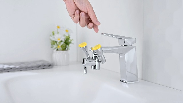 Image of TIDYENDURE Eye Wash Station Yellow, Faucet Mounted Eyewash Station with Cover, Emergency Eye Wash Station Sink Attachment, Eye Wash Kit, Eye Wash Unit for Lab, Factory, Industry Site, Workshop, Office