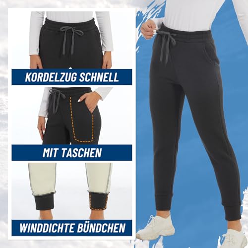 DDOBB Thermohose Damen Winter Gefütterte Jogginghose Warm Fleecehose Mit Taschen Sportleggins Kordelzug Laufhose Trainingshose Wanderhose Sweatpants Freizeit Outdoor Hosen(Gefütterte-Schwarz, S)