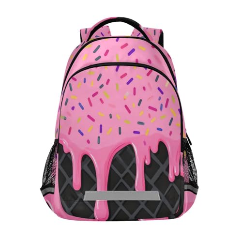 Image of Pink Black Ice Cream Cute Backpacks with Chest Strap,Lightweight Bookbags 17 Inch, Casual Daypack Bags