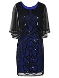 kayamiya Women's Retro 1920s Beaded Sequined Floral Fringe Gatsby Flapper Dress, Black Blue, Medium