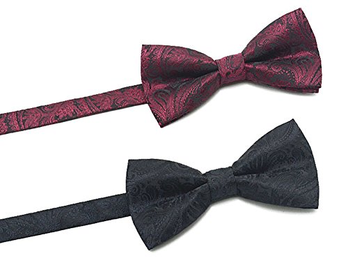 Secdtie Men's Wine Red Bow Tie Pocket Square Set Paisley Jacquard Woven Cravat #TOP1