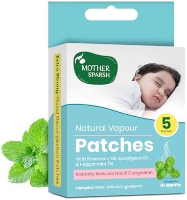 Mother Sparsh Natural Vapour Patches For Kids With Eucalyptus Oil, Peppermint Oil & Thymol Crystal (Camphor Free) | Quick Relief from Runny Nose & Nasal Congestion | Lasts Upto 8 Hrs-(Pack of 5)