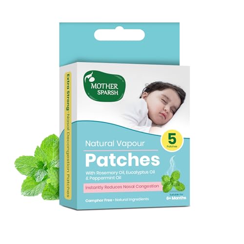 Mother Sparsh Natural Vapour Patches For Kids With Eucalyptus Oil, Peppermint Oil & Thymol Crystal (Camphor Free) | Quick Relief from Runny Nose & Nasal Congestion | Lasts Upto 8 Hrs-(Pack of 5)