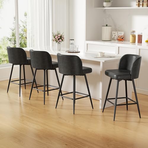 Image of Swivel Bar Stools Set of 3, 26 inch Counter Height Bar Stools with High Back and Metal Legs, Faux Leather Bar Chairs, Modern Barstools for Kitchen Island, Dark Grey