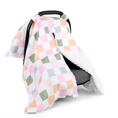 Image of DILIMI Baby Car Seat Cover, Minky Warm Car Seat Covers for Babies, Peekaboo Opening Infant Car Seat Cover, Nursing Cover Carseat Canopy, Colorful Checkered
