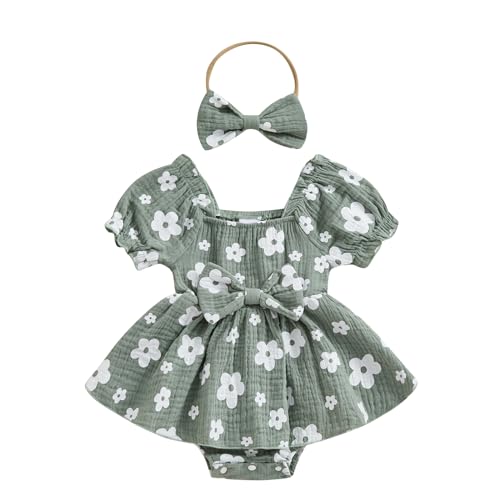 Image of Baby Girls Floral Cotton Leotard Romper Newborn Daisy Playsuits Ruffled Sleeve Onesie Infant Jumpsuit Clothes Headband
