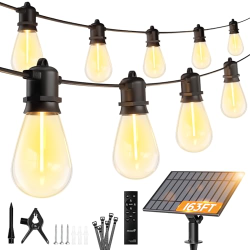 Image of Minetom 163FT Solar String Lights Outdoor Waterproof, 52 LED S14 Shatterproof Bulb, Patio Lights with Remote Type-C Port Timable, 3 Light Modes Dimmable Solar String Lights for Outside, Yard, Camping