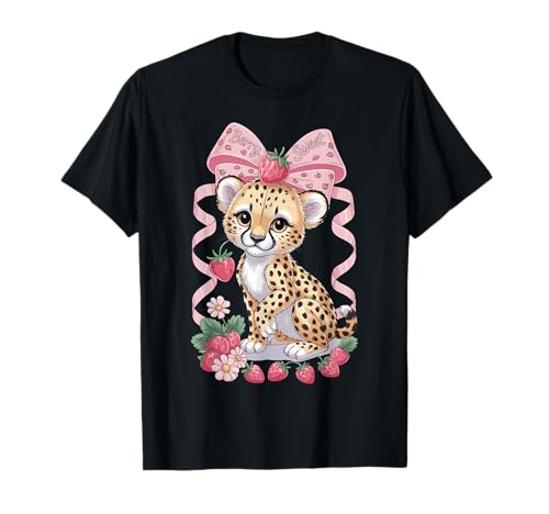 Guépard Fraise Coquette Noeud Anniversaire Fille Enfant Léopard T-Shirt
