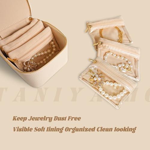 12 Pcs Travel Jewelry Organizer, Velvet Mini Pouch with Clear Zipper Pocket, Lightweight Jewelry Storage Organizer for Rings Earrings Necklaces, Travling Gift for Women Girls (Beige)4