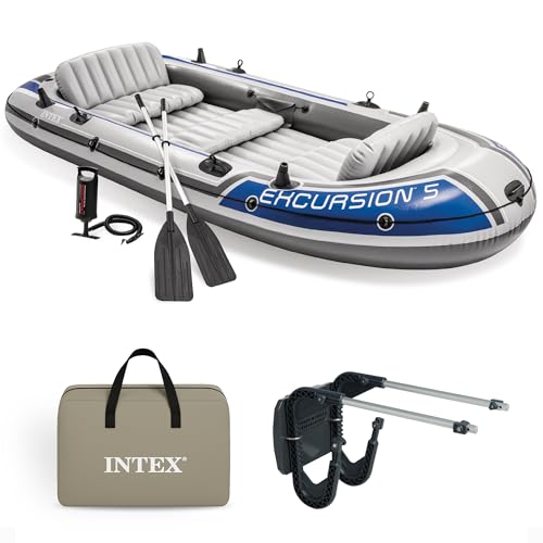 Intex Excursion 5 Person Inflatable Outdoor Fishing Raft Boat Set with 2 Aluminum Oars and Air Pump...