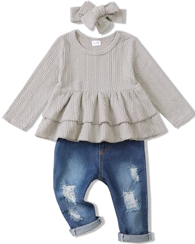Renotemy Infant Baby Girl Clothes 9-12 Months Fall Winter Gray Baby Cowgirl Outfits & Gifts - Rib Knit Jeans Pants Set