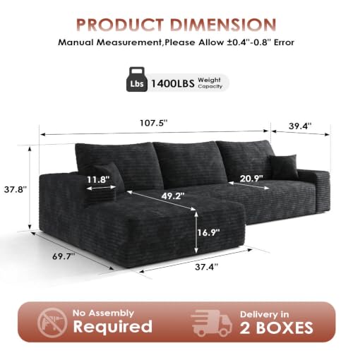 Image of Boneless Couch, Modular Sectional Couches for Living Room, U-Shaped Cloud Couch Sofa with Deep Seat, Fluffy Corduroy Upholstered Corner Sofa