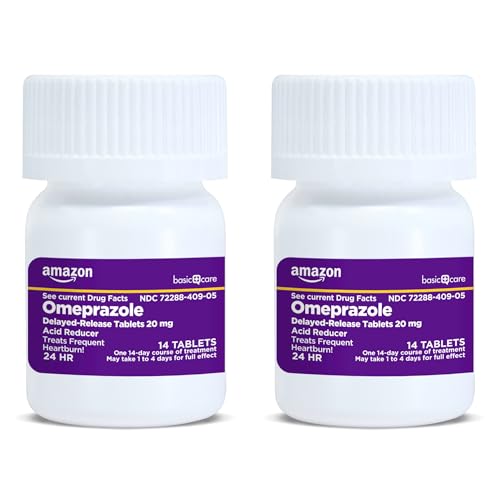 Image of Amazon Basic Care Omeprazole Delayed Release Tablets 20 mg, Acid Reducer, Heartburn Medicine, 14-Day Course of Treatment, 28 Count (Packaging May Vary) (Pack of 2)