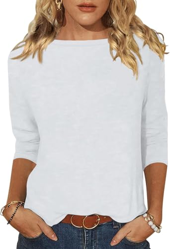 Minetom Tshirt Damen 3/4 Arm Shirt U-Boot Ausschnitt Leichte Pullover Tops Basic Oberteil Sommer Herbst A Weiß XL
