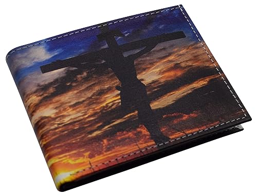 MARSHAL RFID Blocking Printed Jesus Cross Sunset Printed Bifold Genuine Leather Wallet with Gift box