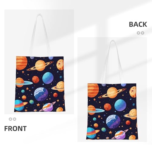 Planet Pattern Print Reusable Canvas Tote, Shopping Bag With Handles For Daily And Grocery Use3