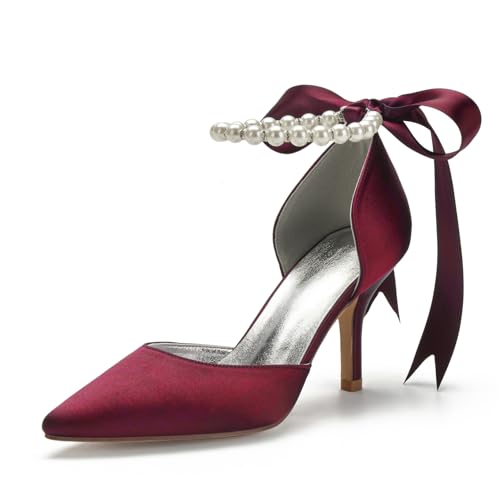 Image of Women's Pearl White Wedding Shoes for Bride High Heels Pointed Toe Bridal Shoes Satin Prom Party Dress Pumps Sandals