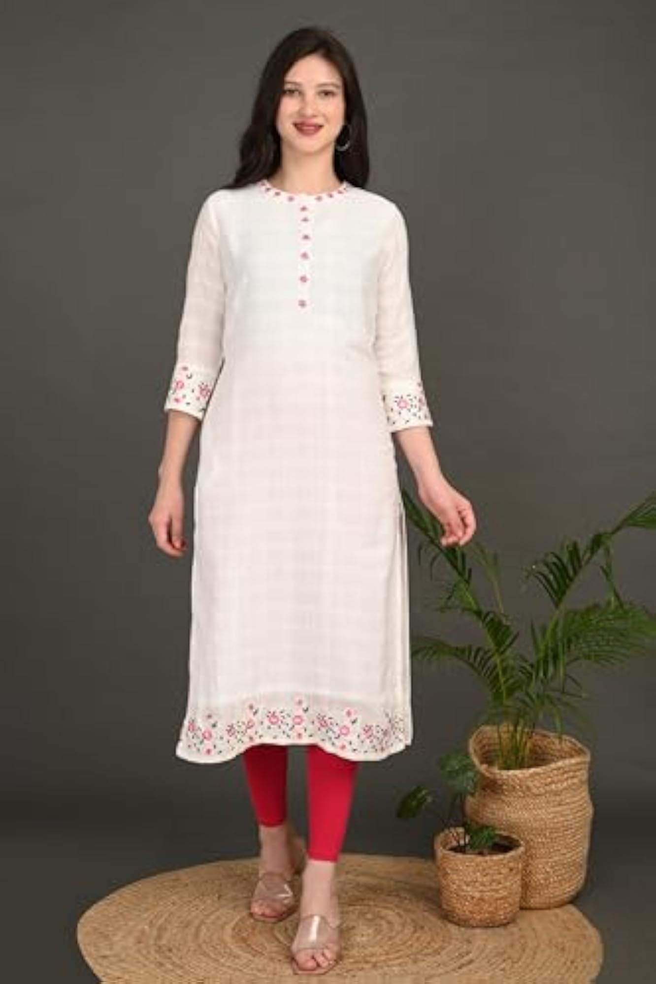 Rayon Dobby Kurta with Floral Embroidery for Women