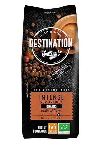Destination - Café Ecológico Comercio Justo en Grano - 1 kg - Café Especialidad 100% Pur Arábica - Café Orgnánico - Tostado Artesanalmente - Ideal solo o con leche - Intensidad Muy Alta