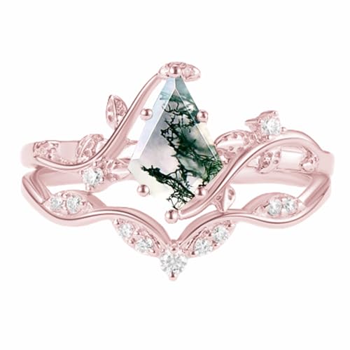 Natural Moss Agate Ring Set for Women with Moissanite 1CT Center Kite Cut Natural Moss Agate Wedding Ring Set Leaf Engagement Ring Set 925 Sterling Silver 10K 14K 18K Gold4