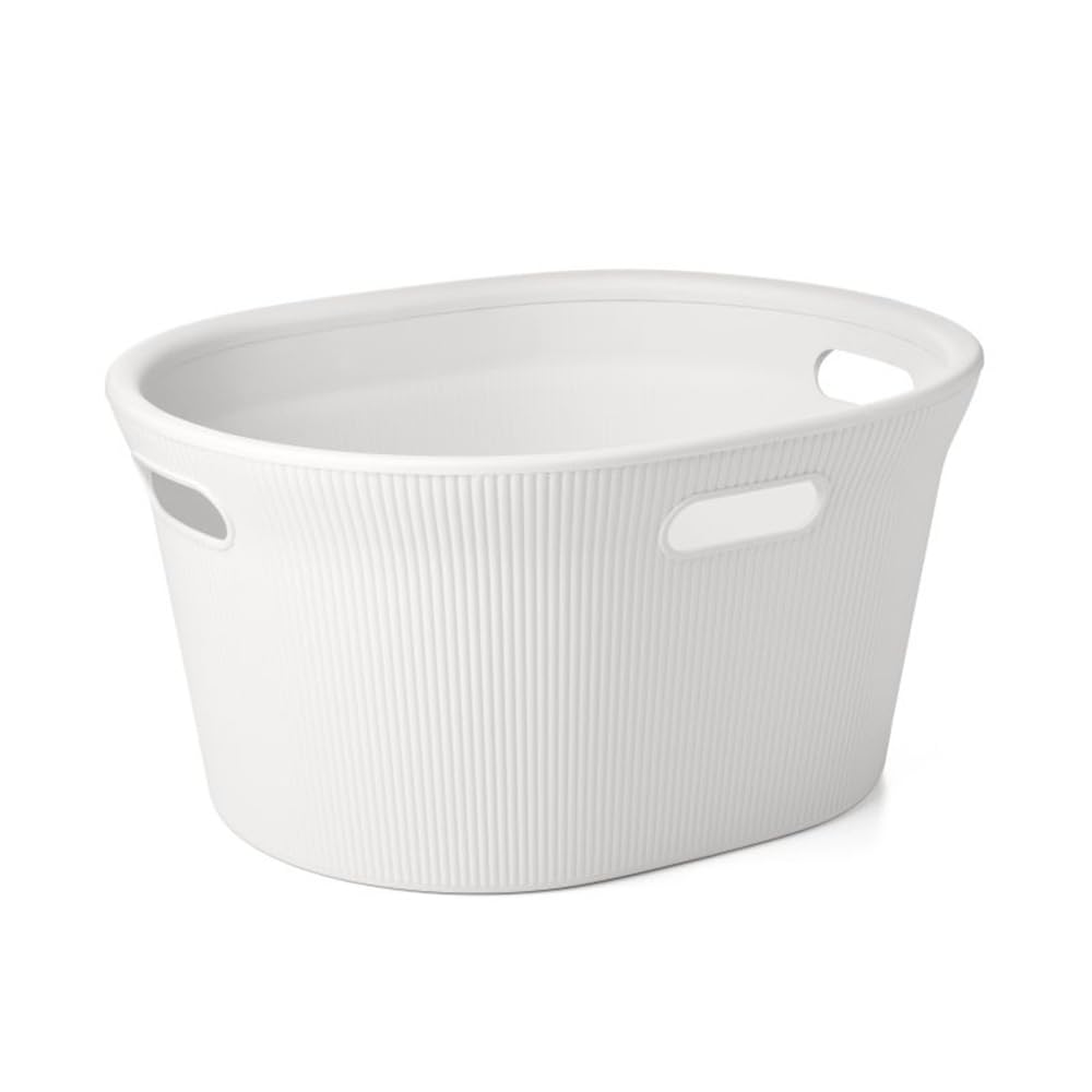 Superio Ribbed Collection - Decorative Plastic Laundry Basket with Cut-Out Handles, White (2 Pack) Hamper Organzier for Bedroom Bathroom College Dorm Room 35 Liter