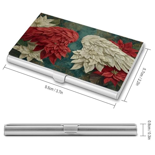 Red White Poinsettias Angel Wings Business Card Holder, Pocket Slim Portable Metal Business Card Case for Women Men2
