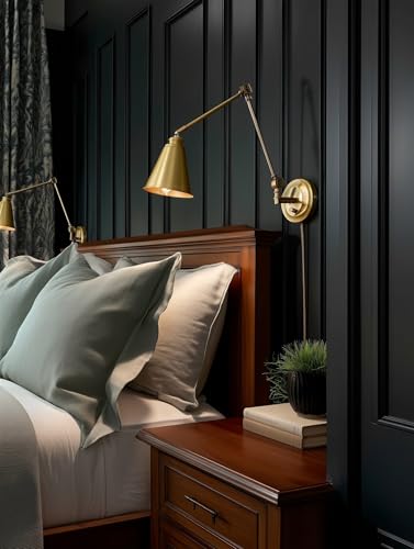 Image of Kira Home Ellis 18 inch Modern Swing Arm Wall Sconce for Bedroom, 2-Pack | Cone Metal Shades, 2-in-1 Plug In or Hardwired Vintage Library Style Gold Wall Lamp, Warm Brass Finish