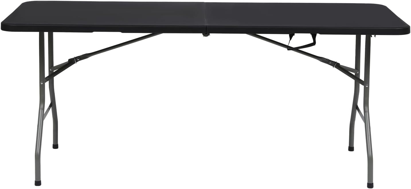 SKONYON 6ft Folding Table for Indoor Outdoor Use โ Heavy Duty Foldable Table with Carry Handle โ Portable Tables Folding for Events, Camping, Picnics, Workstations, Banquets, BBQs (Black, 6ft)
