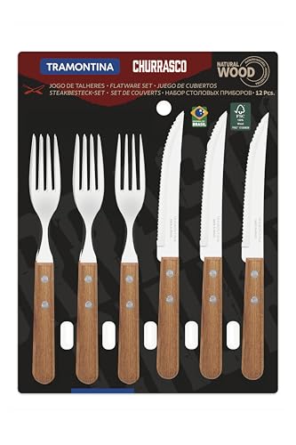 JOGO DE TALHERES PARA CHURRASCO DYNAMIC SORTIDOS COM LAMINAS DE ACO INOX E CABOS DE MADEIRA - 12 PEÇAS