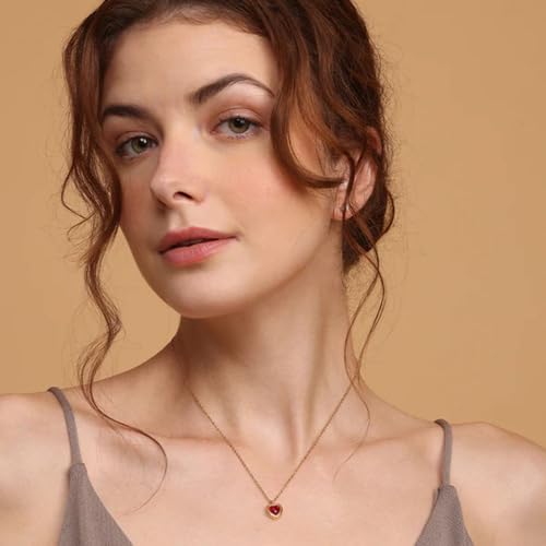 Image of PALMONAS Red Emerald Heart Pendant Necklace for Women - Gold Plated Necklace Chain, Waterproof & Anti Tarnish Jewellery | Gift For Women & Girls