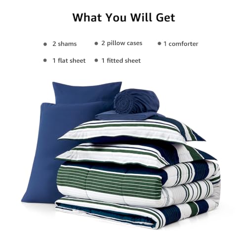 Image of Monbix Queen Comforter Set - 7 Pieces Bed in a Bag Queen, Indigo Blue-Stripe Bedding Sets, All Seasons Comforter Bed Set with Sheets, Pillowcases & Shams