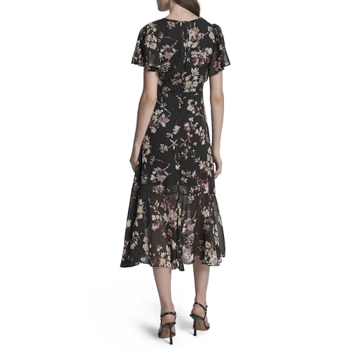 DKNY Women's Cap Sleeve Surplice Neck Side Tie Faux Wrap Midi Dress4