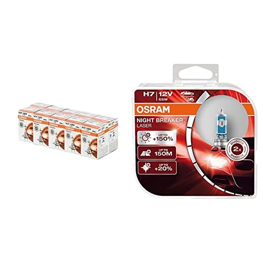 Osram 10x Original Line H7, Longlife, 64210L, 12V, 55W (10 lámparas), Set + NIGHT BREAKER LASER H7, + 150% más de luz, lámpara halógena para faros, 64210NL-HCB, coche de 12 V, caja dúo (2 lámparas)