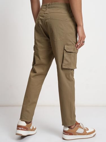 Image of Highlander Men's High-Rise Straight-Fit Cargo Trousers | Utility Pockets | Fashion & Function Blend | Carpenter Fit | Men Trousers | Trousers for Man |Cargo Pants for Men