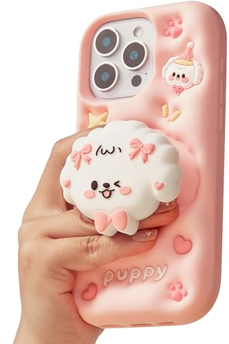 Coque iPhone chien 3D avec support rétractable et poignée silicone