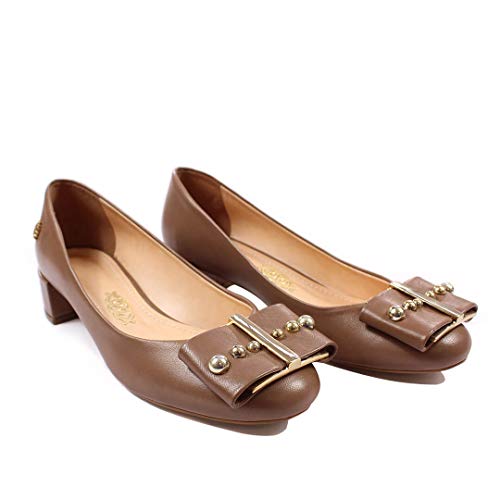 Scarpin Salto Grosso Baixo Couro Bico Redondo e Fivela Marrom (37 BR | 8 USA | 39 EUR)