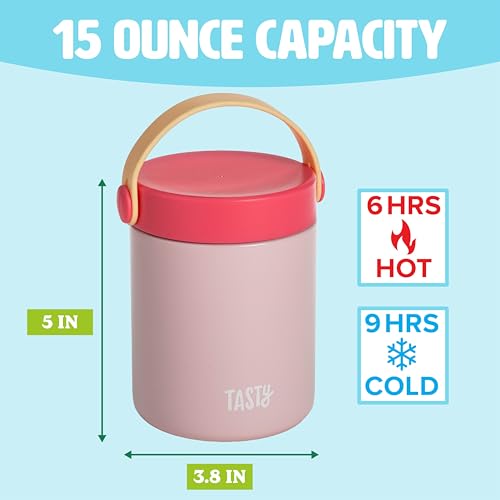 Image of Tasty Food Jar with Folding Handle, Portable Snack Travel or Lunch Container, Stainless Steel Insulated Vacuum with Leak-Proof Lid, Keeps Food Hot or Cold for Hours, 15-Ounce, Pink