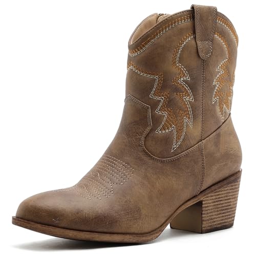 GLOBALWIN Women’s Cowgirl Boots Ankle Cowboy Boots Camel With Embroidered Stitching Low Heel Comfortable Western Boots For Country Outfits Size 8M