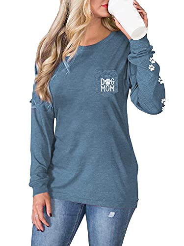 Women Dog Mom Shirt Funny Dog Paw Graphic Pullover Puppy Pocket Tee Casual O-Neck Long Sleeve Top (Blue, X-Large) #TOP5