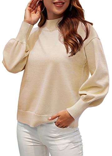 Image of WEACZZY Sweaters for Women 2025 Cute Lantern Sleeve Mock Turtleneck Lightweight Pullover Knitted Fall Fashion Tops Apricot L
