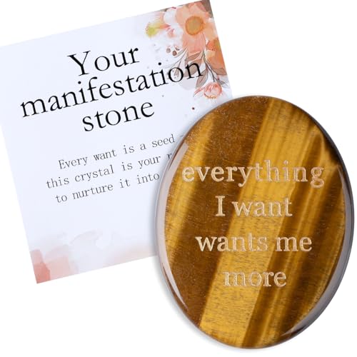 MAIBAOTA Tiger Eye Crystal Daily Affirmations/Self Love/Uplifting/Positive/Encouragement Gifts for Women Healing Stone Anxiety Relief Oval Worry Stones Everything I Want Wants Me More