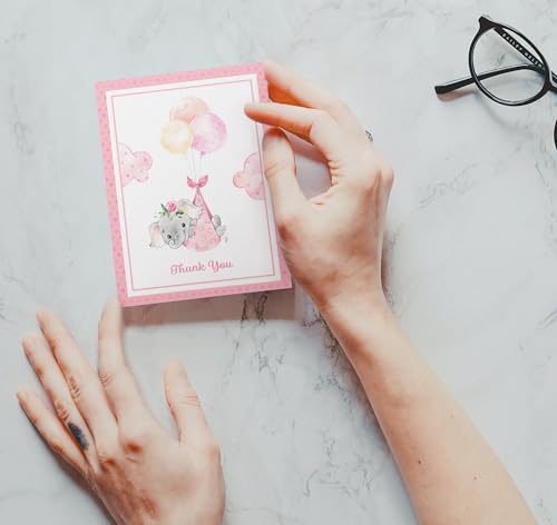 Image of Twigs Paper Baby Girl Shower Thank You Cards, 12 Pink Elephant Note Cards