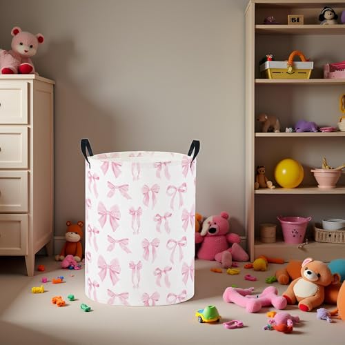 Image of Baby Laundry Basket Baby Nursery Hamper Kids Laundry Basket Toy Storage Bin for Boys Room Decor Gift Baskets for Bedroom Bathroom(Pink Bowknot)