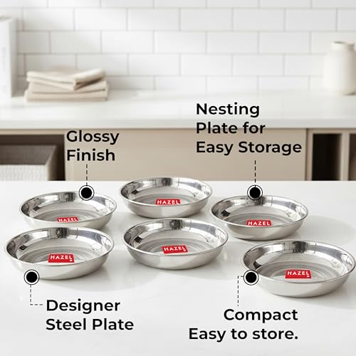 Image of HAZEL Multipurpose Stainless Steel Plates Set for Kitchen | Serving Plate for Snacks, 200 ML, Set of 6