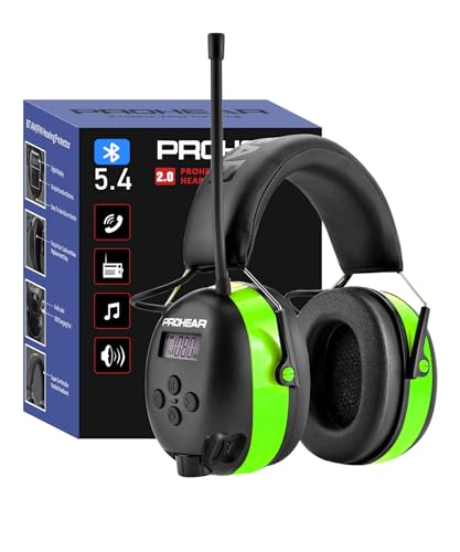 PROHEAR 033 Upgraded Bluetooth Hearing Protection AM FM Radio Headphones, 31SNR Noise Reduction Ear Muffs with Long-Lasting Stable Rechargeable Battery, 50 Hrs for Mowing Snowblowing, Green