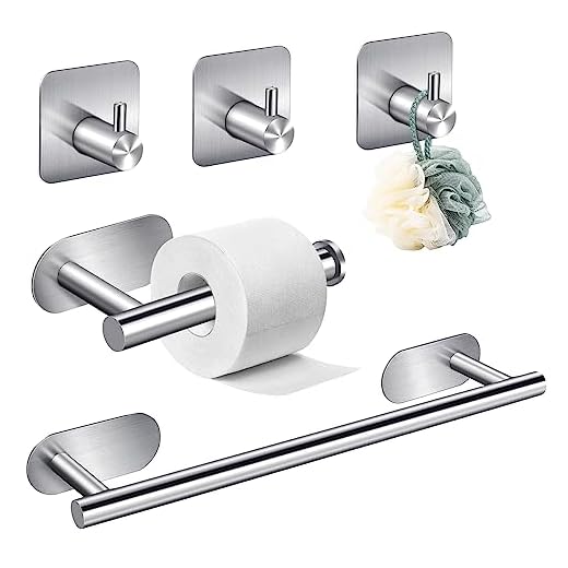 Juego de Toalleros de Baño sin Taladro, 5PCS Juego de Accesorios de Baño de Acero Inoxidable 304, Toalleros de Baño de Pared 40cm, Gancho para Bata, Colgador Toalla Baño Juego Plata