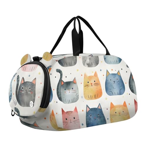 Duffle Bag for Boys or Girls with Shoes Compartment, Cats Watercolor Sports Travel Bag Overnight
